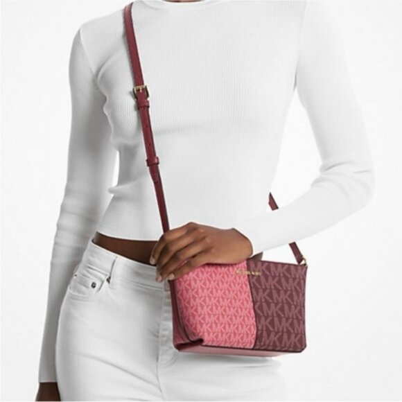 Michael Kors Jet Set Small Two Tone (Oxblood/Watermelon) Logo Crossbody (NWT) - Picture 2 of 5